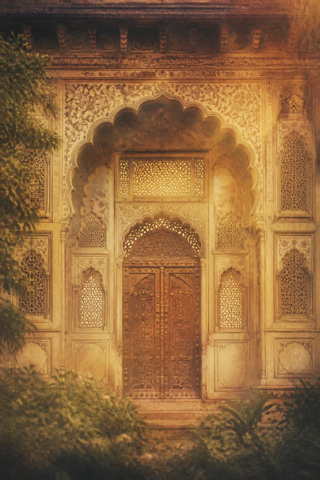 A hazy carved Mughal gateway bathed in warm golden light