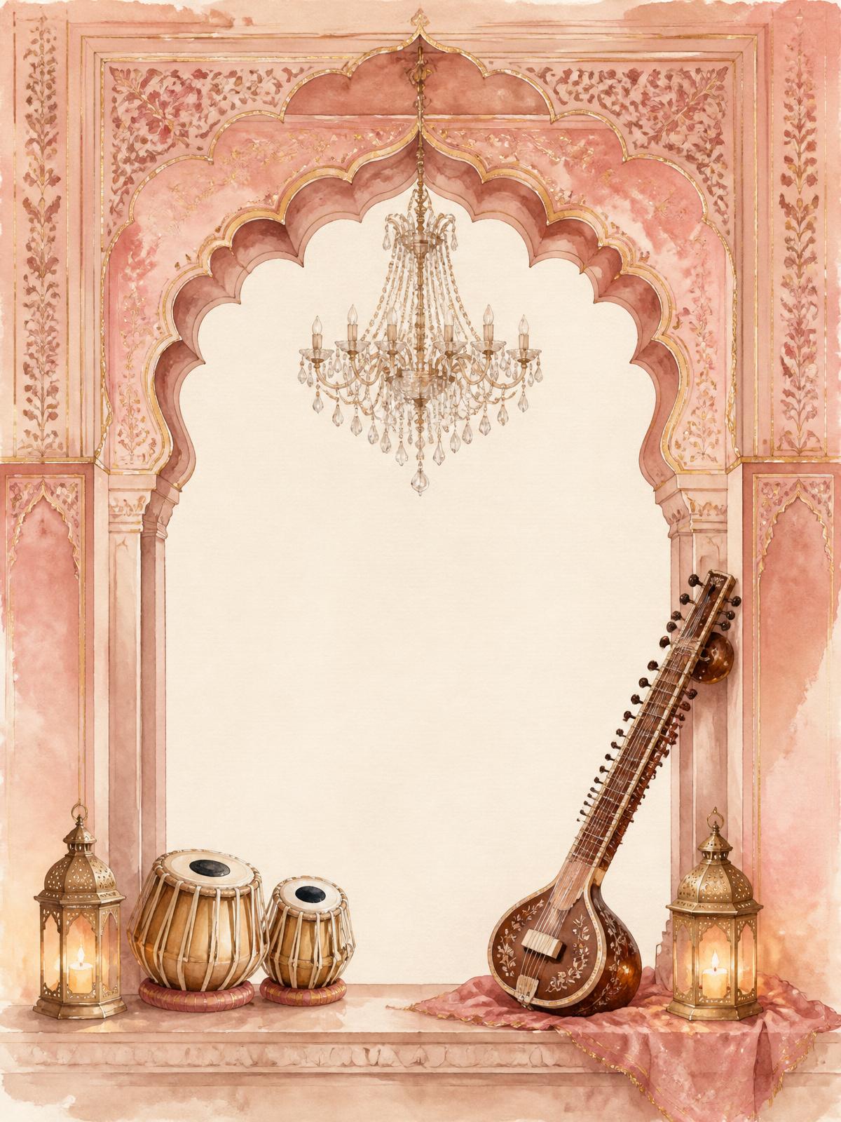 Watercolour Mughal arch with a chandelier, tabla, sitar and brass lanterns
